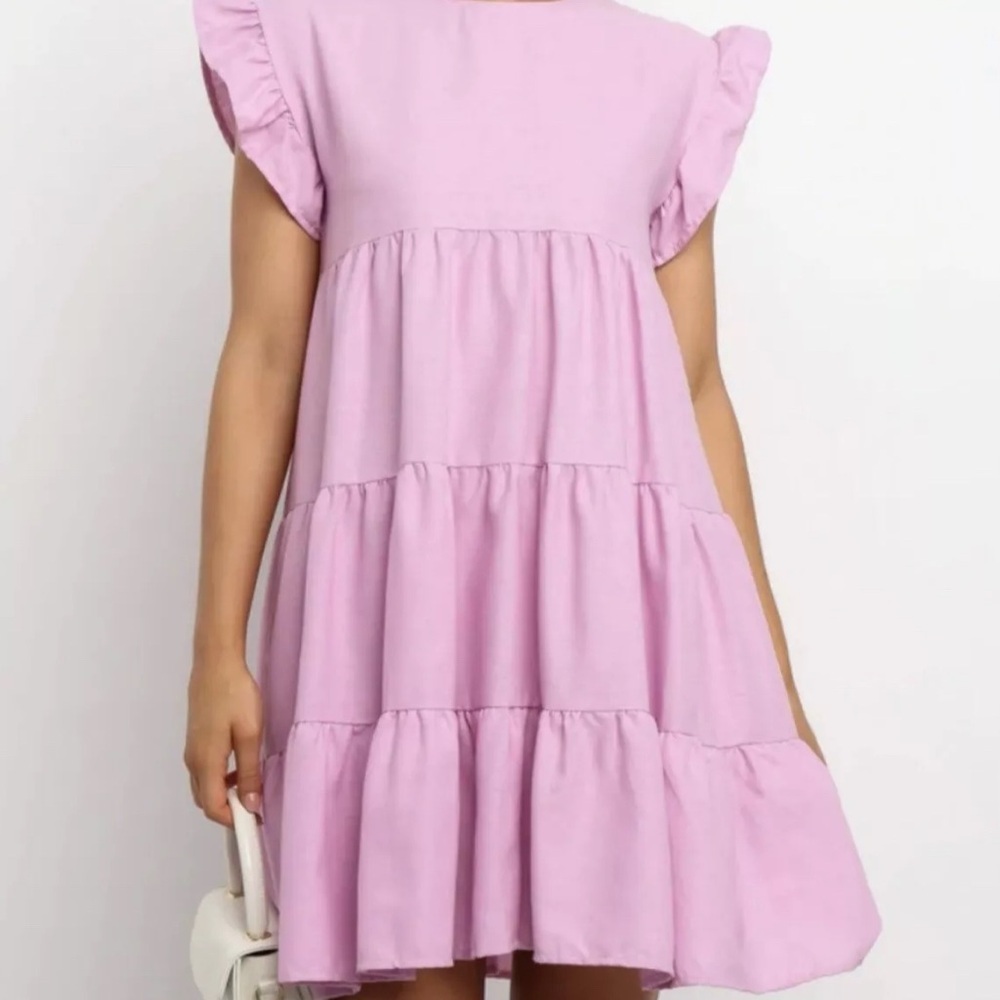 Petal + Pup Linen Cotton Pink Purple Tiered Babydoll Mini Dress- Size 4